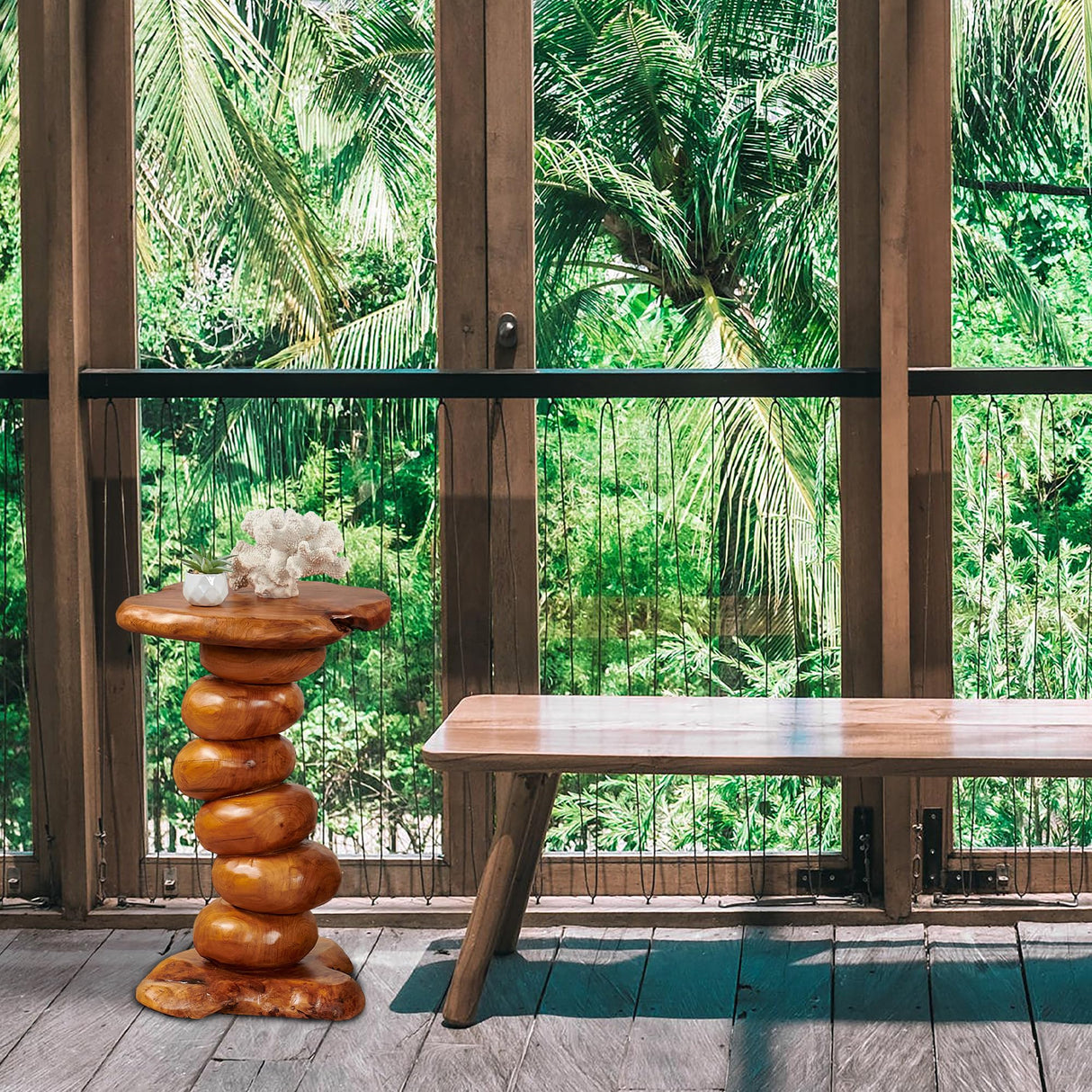 Greenage Cedar Roots Multibeads Stands End Table 13.8“x13.8”x23.6 Wooden Live Edge Side Table for Living Room Bedroom Home Decor Courtyard Wooden Stool Greenage