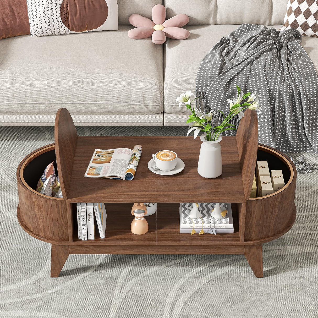 Coffee Table with Storage,Mid Century Modern Coffee Tables with 2 Flip-Top Hidden Lids,Fluted Coffee Table,Wood Center Tables for Living Room Home Office (Walnut Color) Mxtxmy