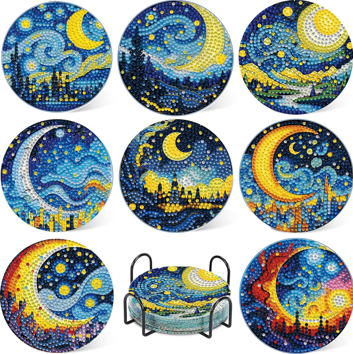8 PCS Moon Diamond Art Coasters Kits, Diamond Painting Coasters with Holder Set of 8, DIY Drink Coasters Art Crafts Supplies for Adults Cup Mat for Home Decor House Warming Gifts Non-Slip 3.9inch FOXKISS