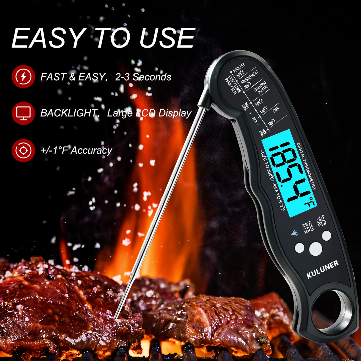 KULUNER TP-01 Waterproof Digital Instant Read Meat Thermometer with 4.6 Folding Probe Backlight Calibration Function for Cooking Food Candy, BBQ Grill, Liquids,Beef(Black) KULUNER