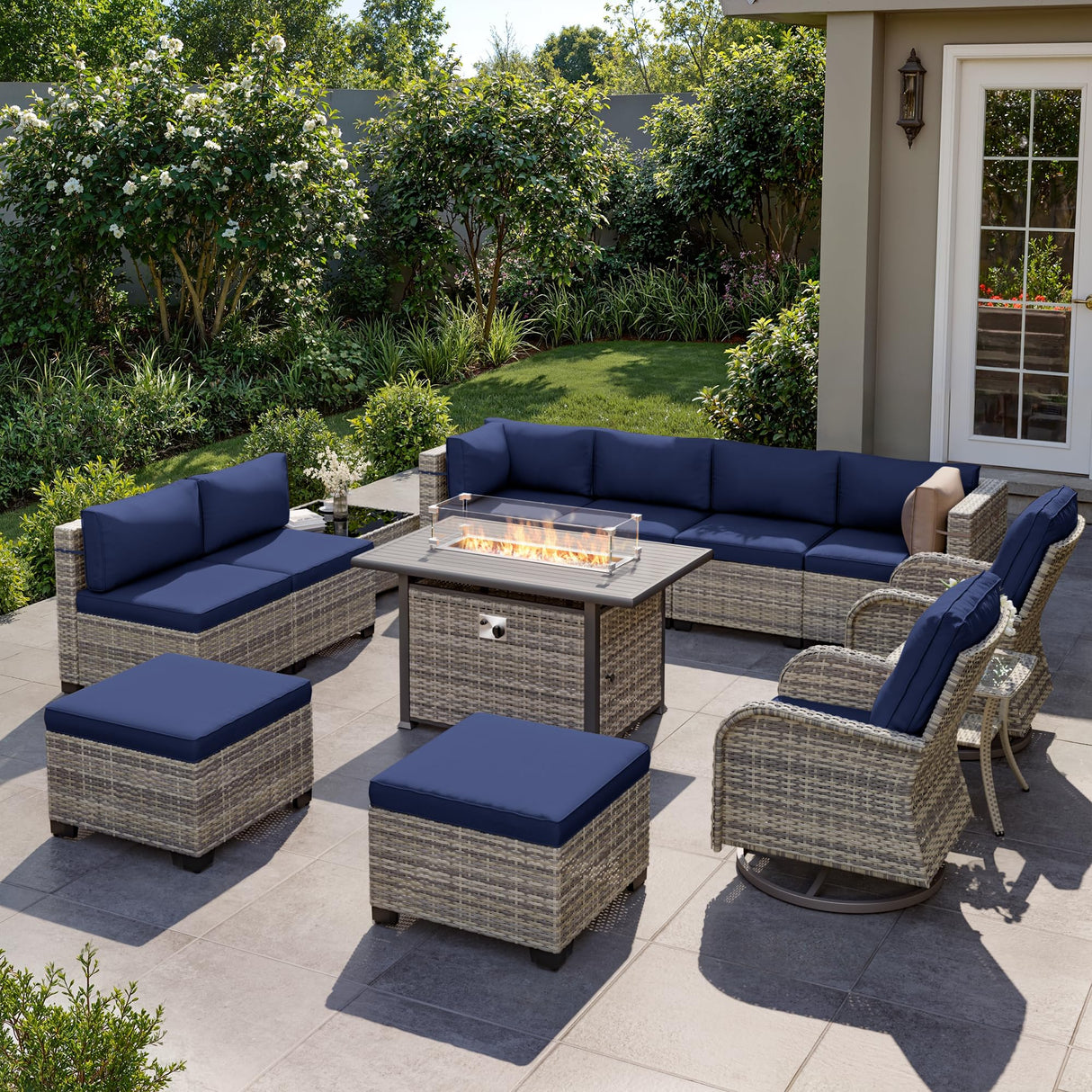 Muphyers 13-Piece Outdoor Patio Furniture Set with Rocking Swivel Chair, Wicker Rattan Sectional Sofa Conversation Set with 55,000 BTU Fire Pit Table with Ottomans, Backyard Furniture, Navy Blue Muphyers