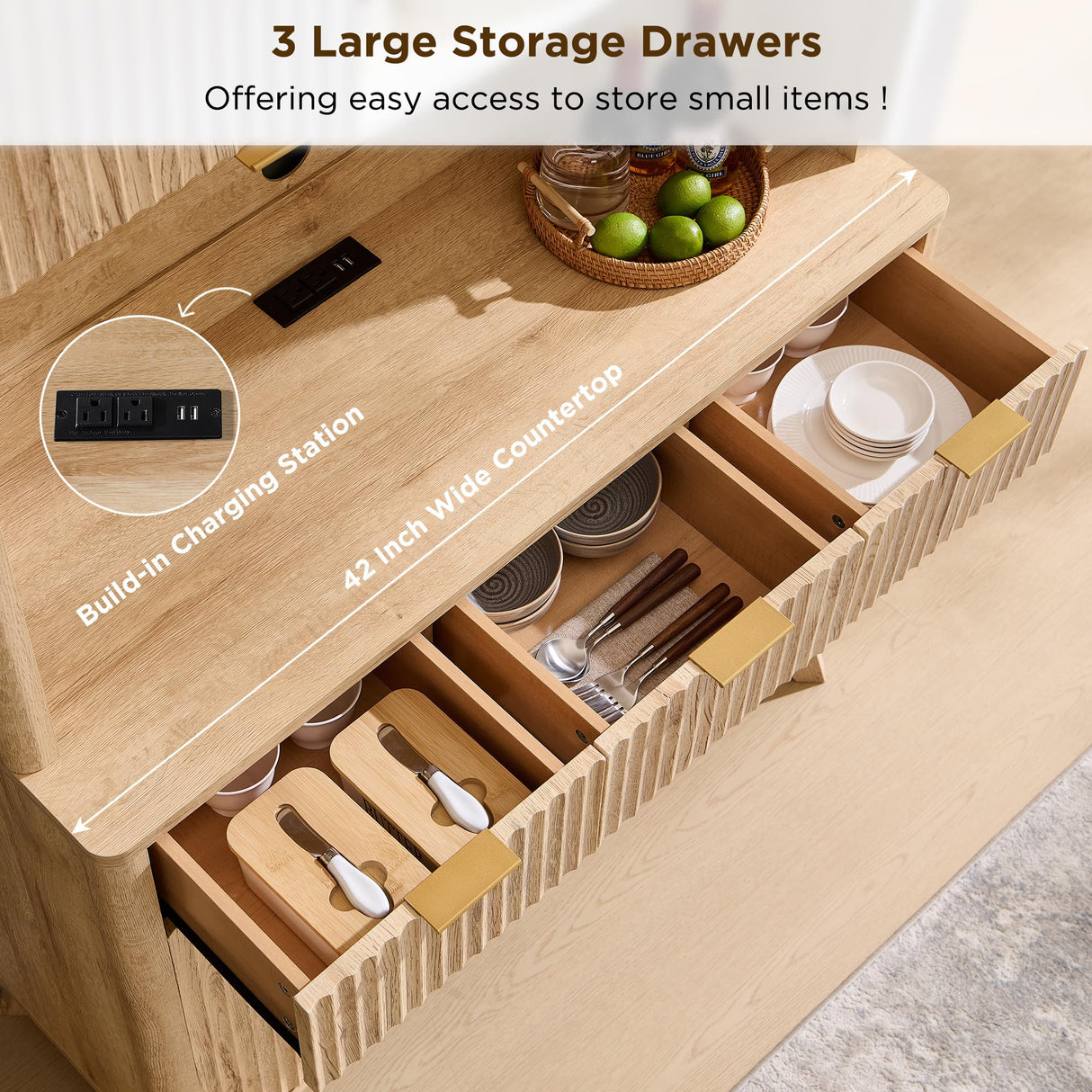 OKD 72" Tall Wine Bar Cabinet with Storage Hutch, Modern Wood Fluted Coffee Bar Cabinet with LED Lights and 10 Tier Storage Shelf & 9 Grid Wine Glass Rack for Home Dining Room Kitchen (Natural Oak) OKD