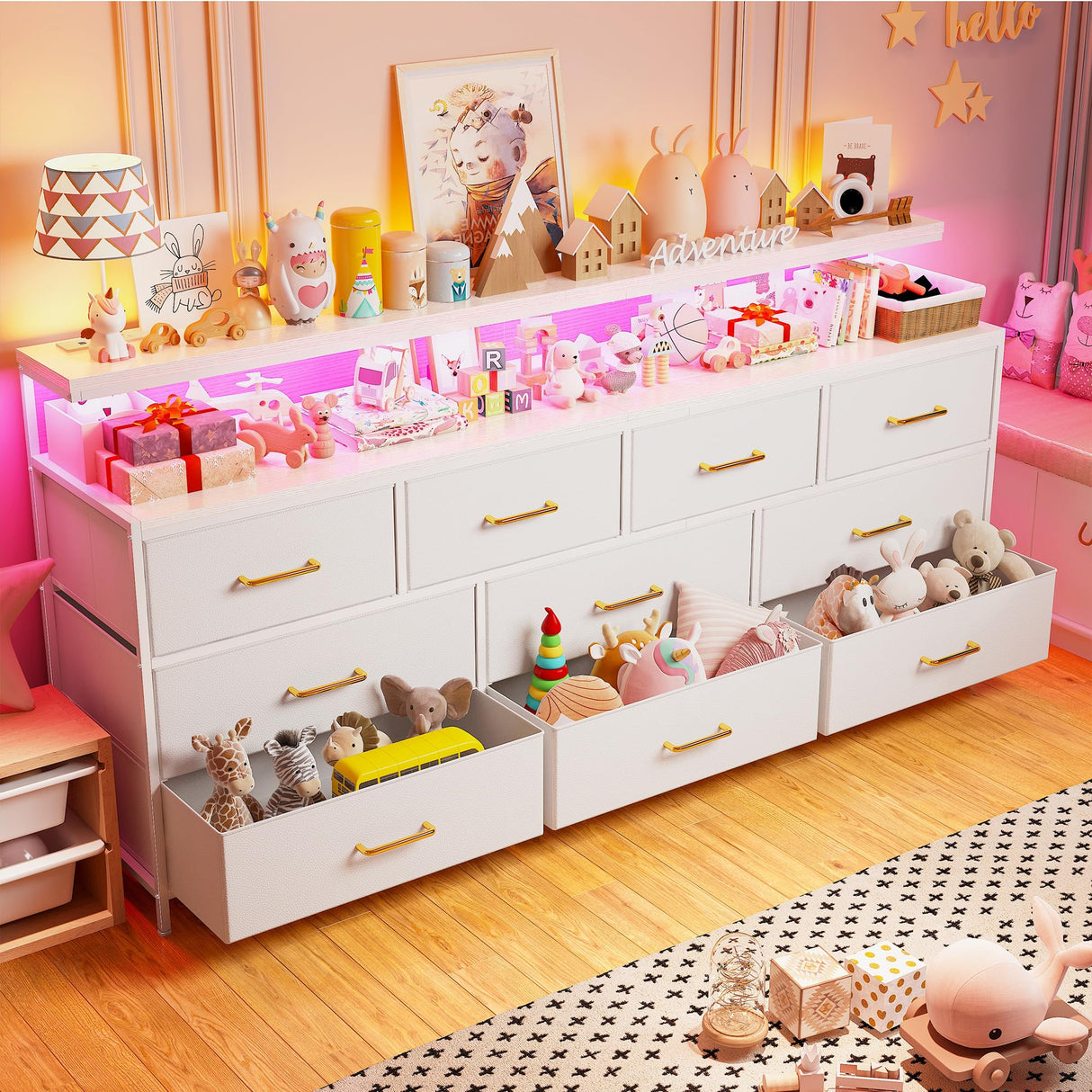 EnHomee 55" W White Dresser for Bedroom with 10 Drawers Long Dressers & Chests of Drawers with LED Lights & Power Outlets Large Dresser for Bedroom Dresser for Closet, Hallway, Metal Frame, White EnHomee