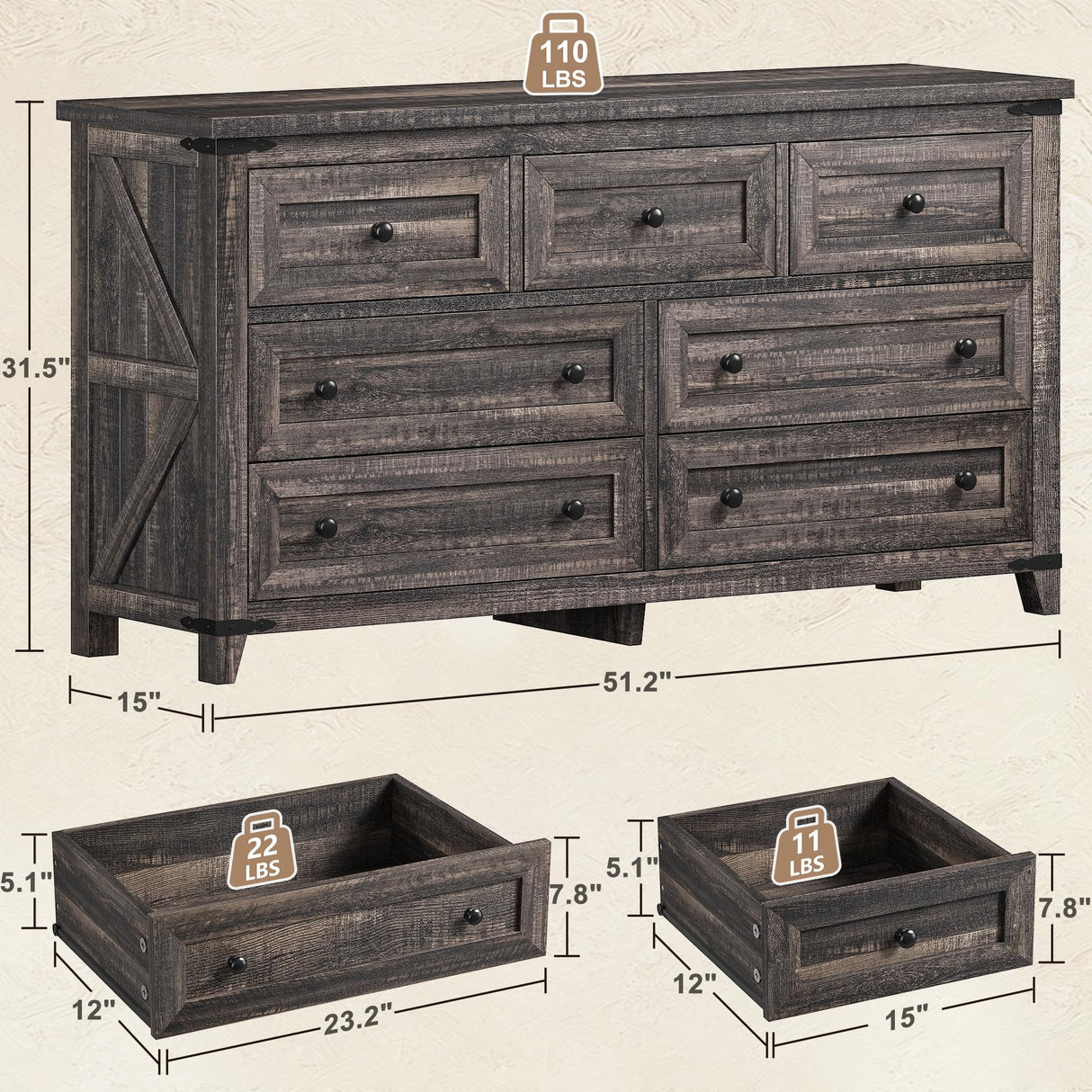 EnHomee Dresser for Bedroom with 7 Drawers Wood Dresser with Smooth Metal Rail Long Dressers & Chests of Drawers Farmhouse Dresser for Bedroom Dresser TV Stand for Bedroom, Closet, Dark Rustic Oak EnHomee