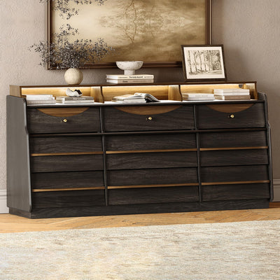 63" W 9-Drawer Black Dresser for Bedroom, Modern Wood Chest of Drawers w/LED Light, Round Knobs & Solid Wood Handles, Long Wooden Dresser TV Stand w/Shelf for TVs up to 75", Curved Profile Design