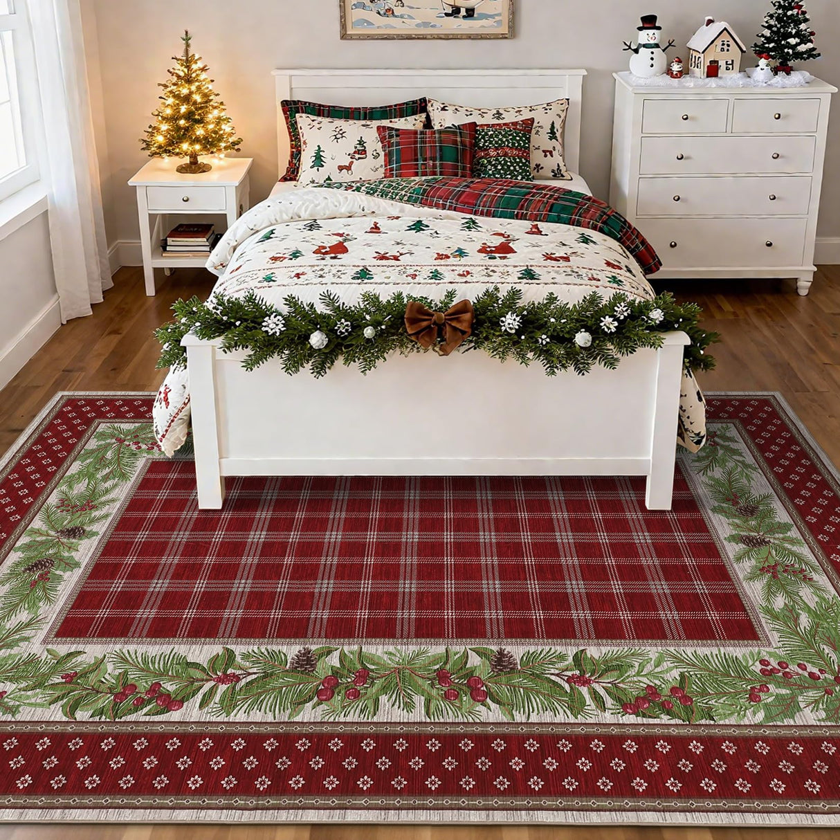 GarveeHome 5x7 Christmas Area Rug for Living Room: Machine Washable Christmas Area Rugs for Bedroom with Non-Slip Backing, Living Room Washable Carpet, Soft Low Pile Non-Slip Bedroom Carpet 5*7 ft Red GarveeHome