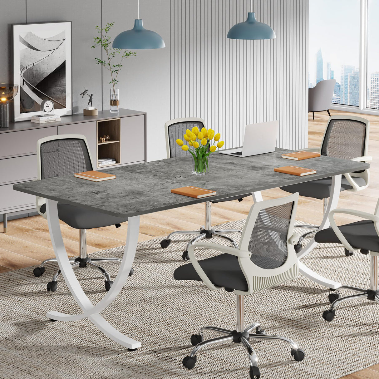 Tribesigns Executive Desk, 63” W x 31.5” D Large Office Desk, Modern Computer Desk Conference Table Meeting Room Table, Business Furniture for Home Office, Gray and White Tribesigns