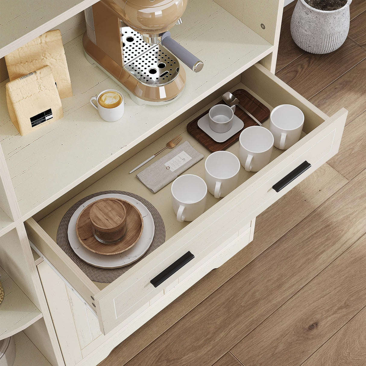 DWVO Kitchen Pantry Cabinet with Drawer, 67" Farmhouse Baker Rack with Power Outlets, Buffet Sideboard w/Microwave Stand, Cupboard Hutch Storage Cabinet for Kitchen, Living Room, Dining Room (White) DWVO