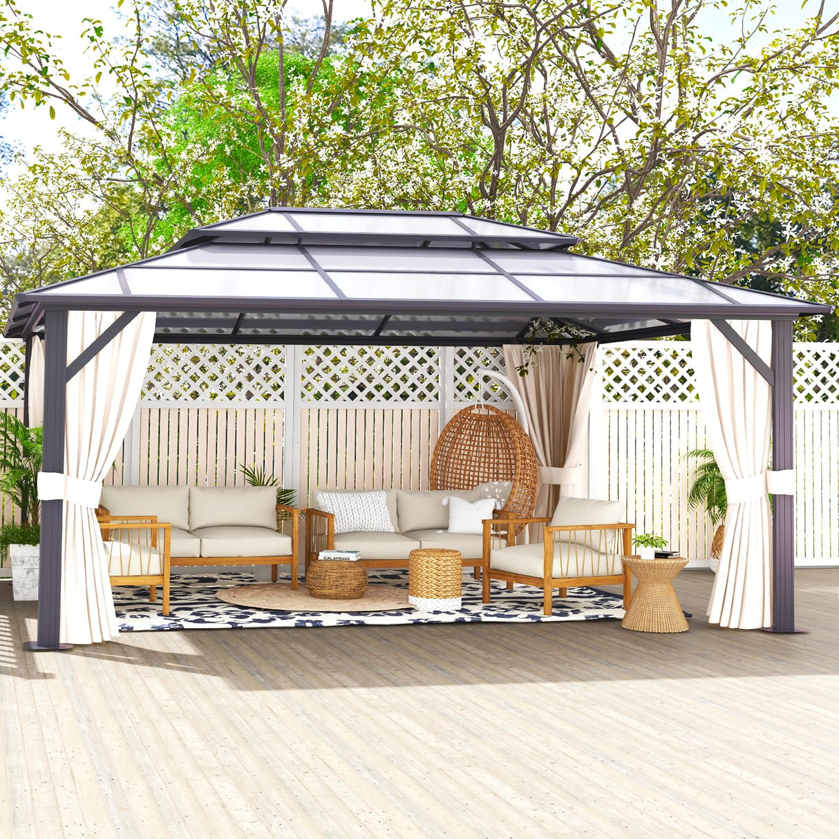 oneinmil 12x16FT Outdoor Polycarbonate Gazebo, Heavy Duty Double Roof Hardtop Gazebo with Aluminum Frame and Netting and Curtains for Patios oneinmil