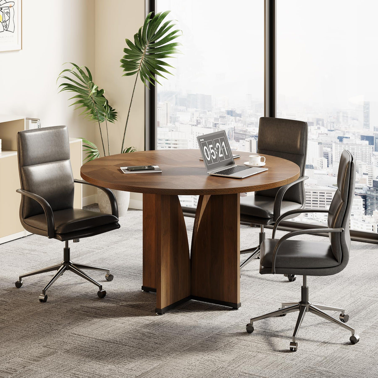 LITTLE TREE 39-Inch Small Conference Table for 4, Round Meeting Table with X-Shape Pedestal, for Office, Conference Room, Small Spaces, Dark Brown LITTLE TREE