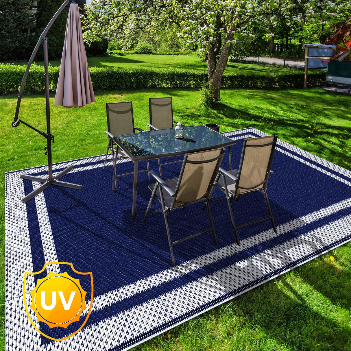 KMAT Outdoor Rug, Waterproof Reversible Patio Rugs, 5x8ft Large Outdoor Area Rug Foldable Plastic Camping Rugs for Outside RV, Patio,Picnic,Camper,Balcony,Porch (Blue &White) KMAT