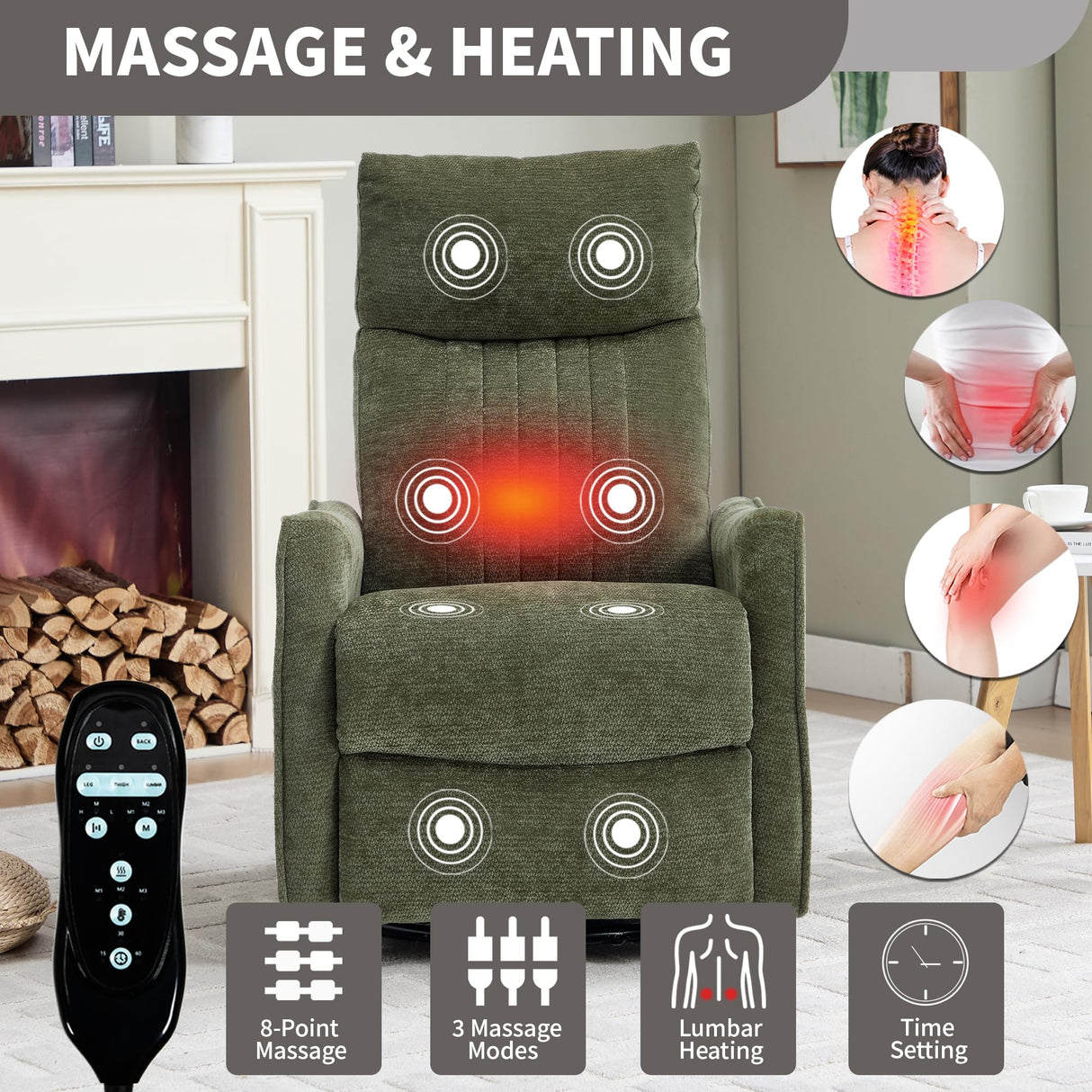 PELUMY Recliner Chair Swivel Rocking with Heat Massage - 360° Manual Recliner, 8-Point Vibrating & Lumbar Heat, Easy Assembly Chair for Living Room (Chenille, Green) PELUMY