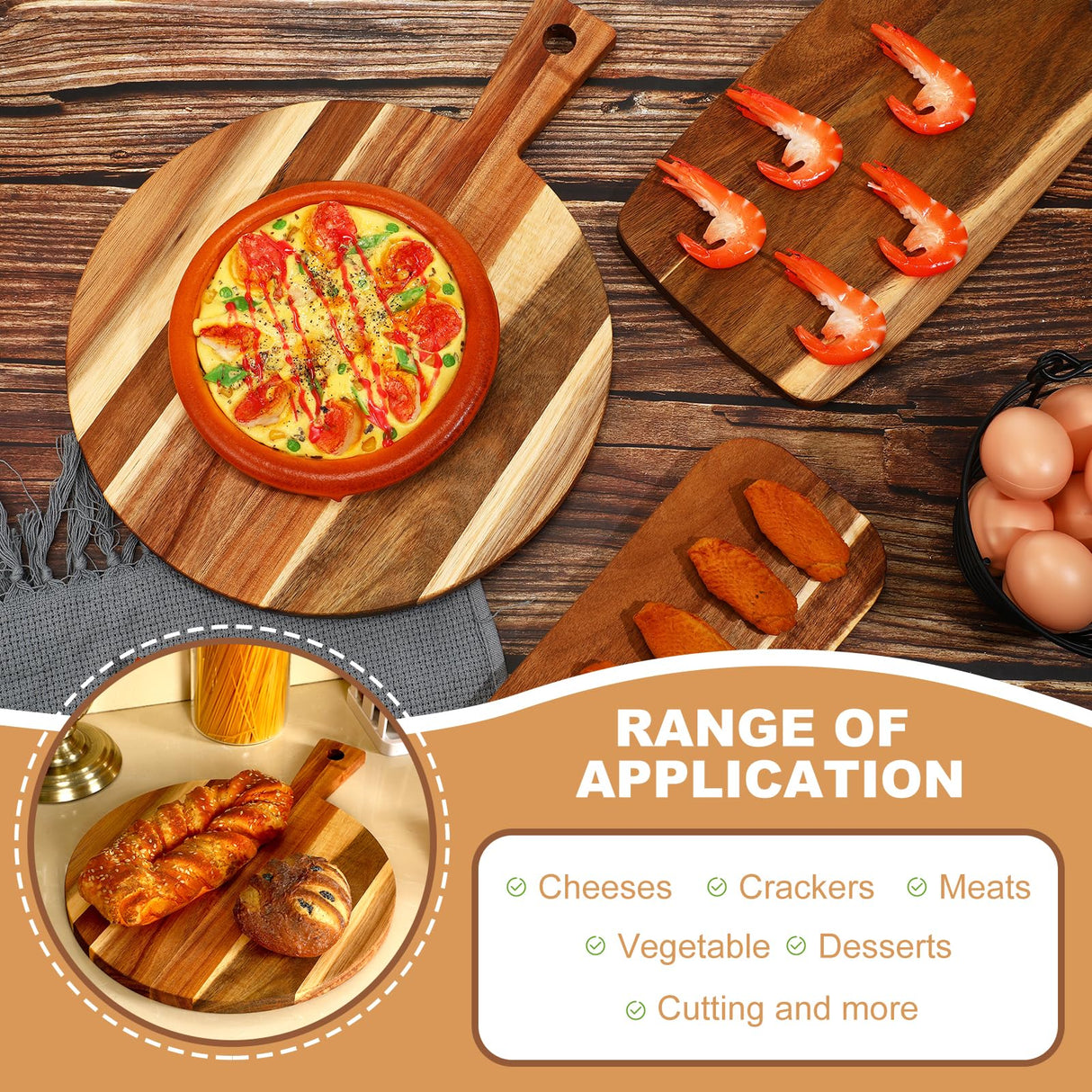 Uiifan 3 Pcs Acacia Wood Cutting Board with Handle Wooden Chopping Board Charcuterie Boards Assorted Size Serving Board Butcher Block Serving Tray for Cheese Pizza, 16 x 12 In, 17 x 7 In, 16 x 4.7 in Uiifan