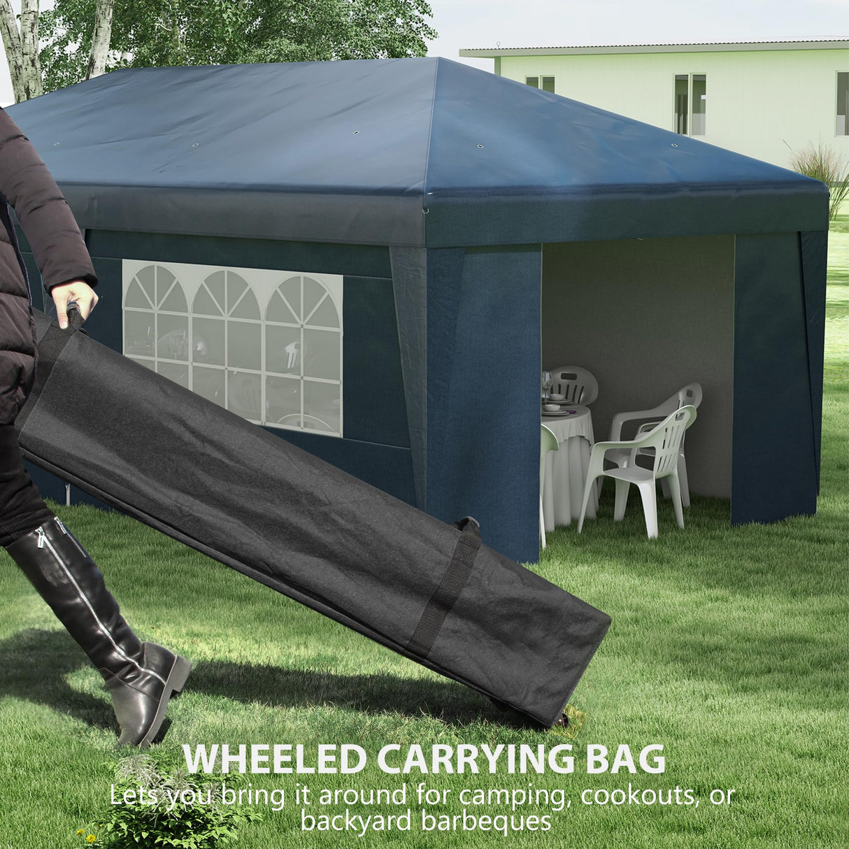 Outsunny 10' x 19.5' Pop Up Canopy Tent with Sidewalls, UPF 30+ Height Adjustable Large Party Tent Event Shelter with Leg Weight Bags and Wheeled Carry Bag for Garden, Patio, Dark Blue Outsunny