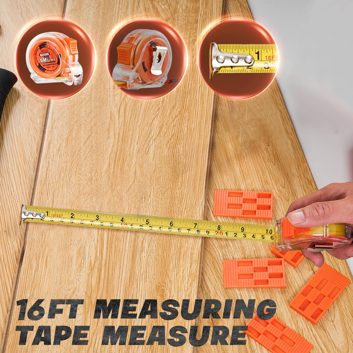 Saker Laminate Flooring Tools, 65-Piece Wood Flooring Installation Kit with 60 Flooring Spacers,Tapping Block with Handle, Pull Bar, 10”Contour Gauge, Rubber Mallet, Tape Measure Saker