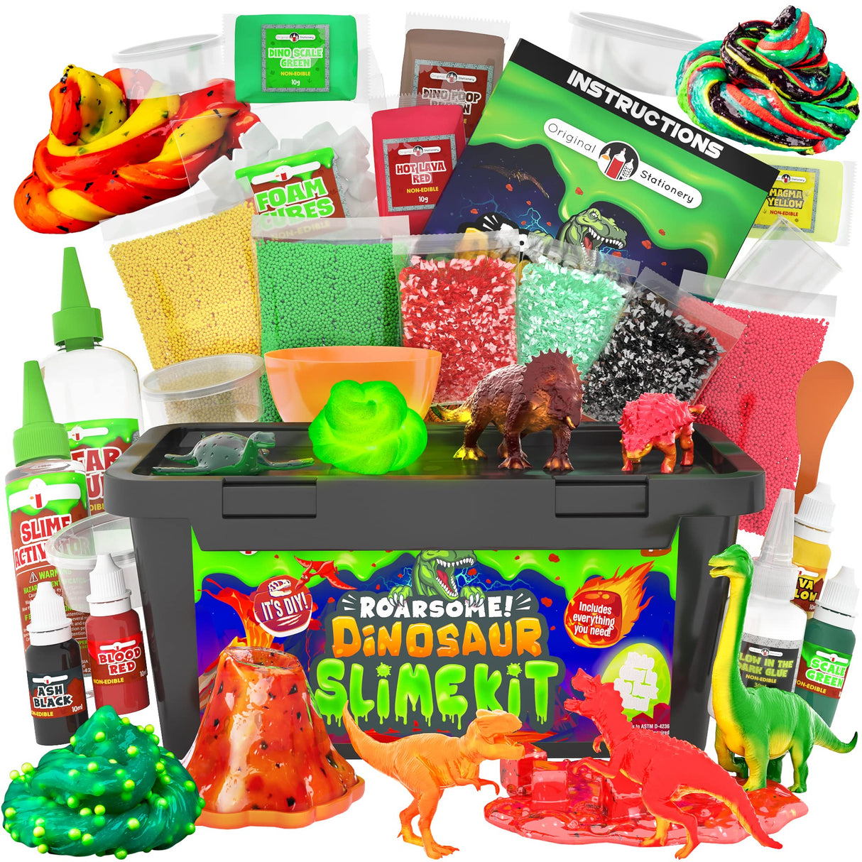 Original Stationery Dinosaur Slime Kit - Glow-in-The-Dark DIY Set for Creating Lava, Blood & Poop Effects, Unique Dino Scene, Birthday Gift Slime Kit for Boys Ages 8-12 Original Stationery