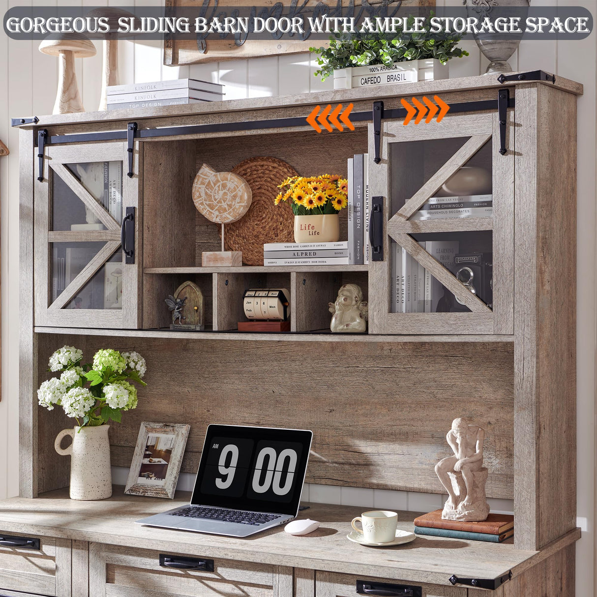 RedLemon 60" Farmhouse L Shaped Desk with Hutch, Wood Home Office Executive Desk with Drawer, Charging Station, File Drawer, Storage Cabinet, Rustic Writing Computer Desk (Light Rustic Oak) RedLemon