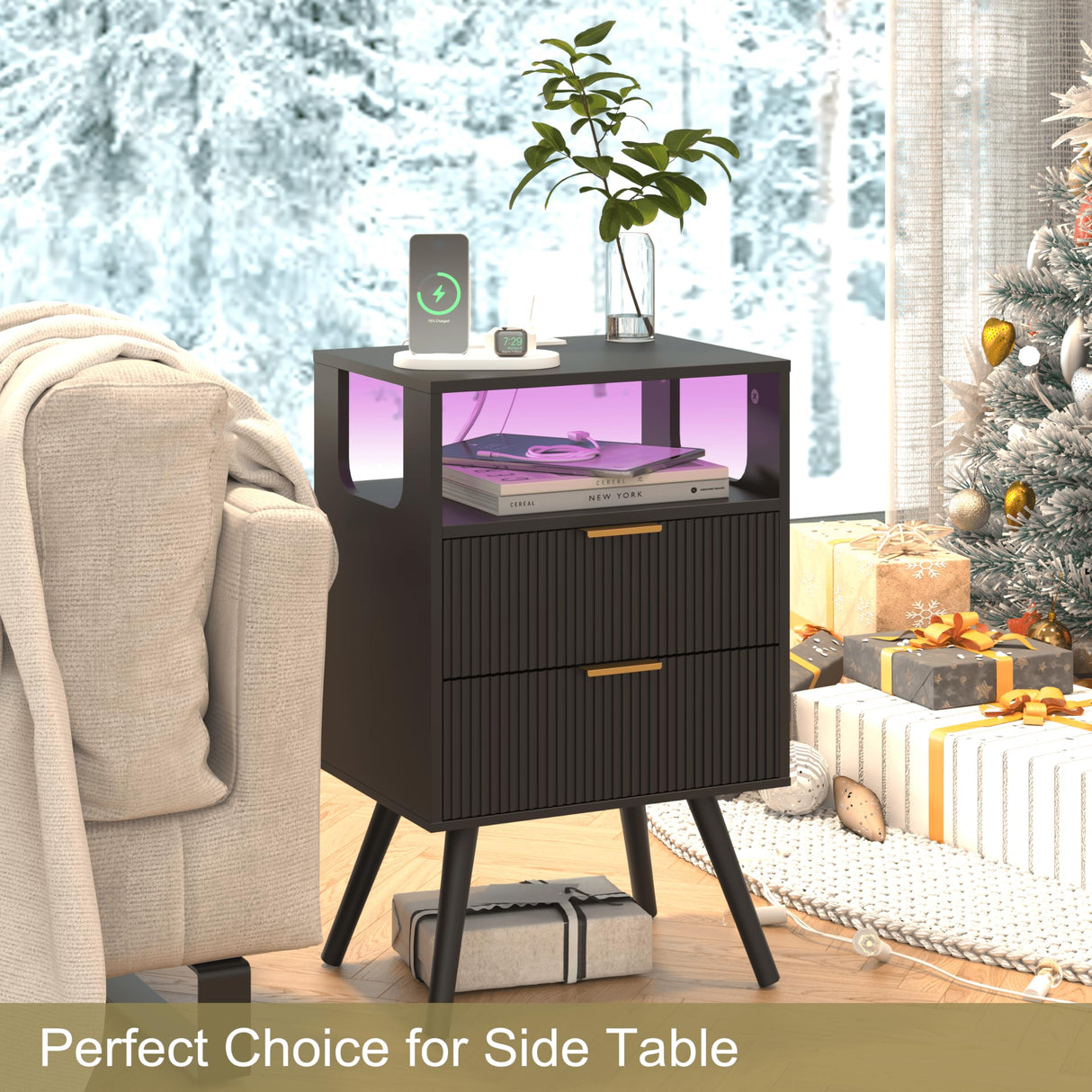 JOONEE Black Nightstand with Charging Station and LED Lights,Modern Bedside Table with 2 Storage Drawer and Open Wood Shelf, for Bedroom and Small Spaces,Night Stand with Solid Wood Legs,Black JOONEE