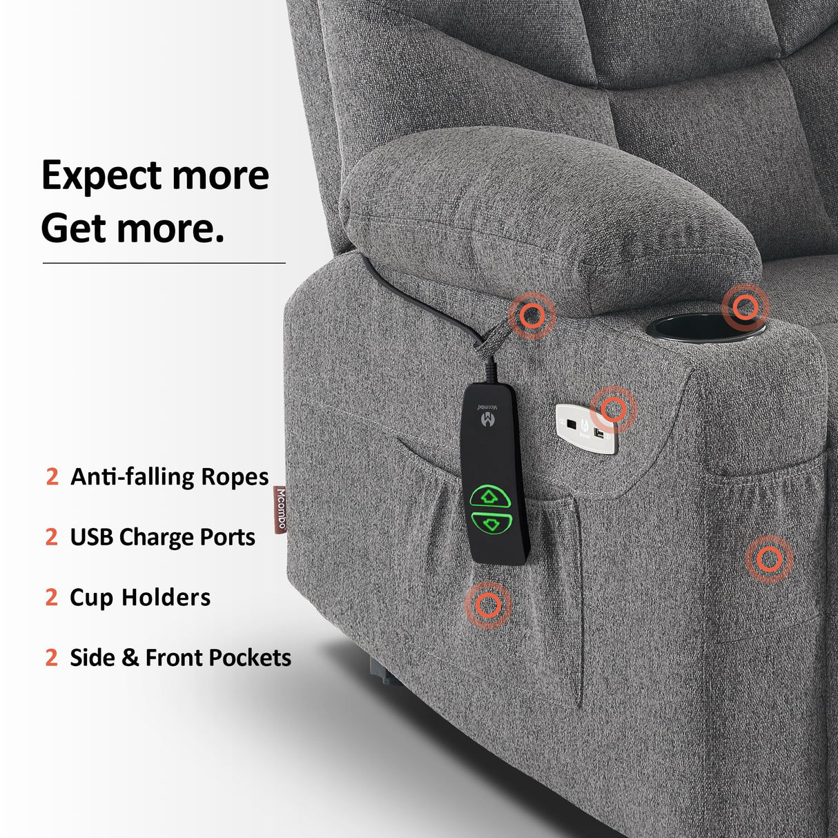 MCombo Power Lift Recliner Chair with Extended Footrest for Elderly People, Fabric 7287 (Dark Gray, Medium-Regular) MCombo