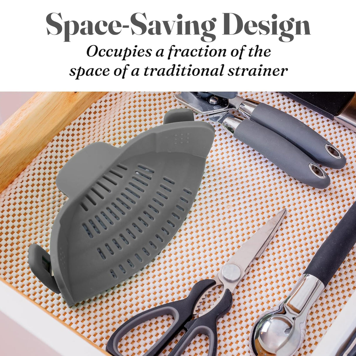 Kitchen Gizmo Snap N' Strain - Silicone Pasta Strainer Clip-On for Pots and Pans - Heat Resistant Colander for Vegetables and Noodles - Kitchen Gadgets for Cooking - Space-Saving Design - Grey Kitchen Gizmo