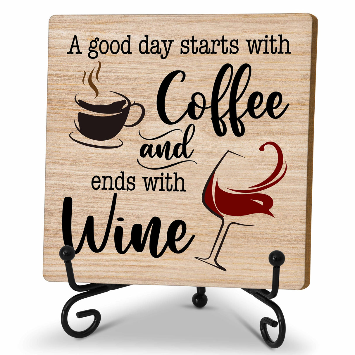 Coffee And Wine Desk Decor Sign, Rustic Wooden Sign With Stand, A Good Day Starts With Coffee And Ends With Wine Sign For Farmhouse Home Kitchen Bar Shelf Table, Gifts For Family Friend Coworker, C18 Zmyollo