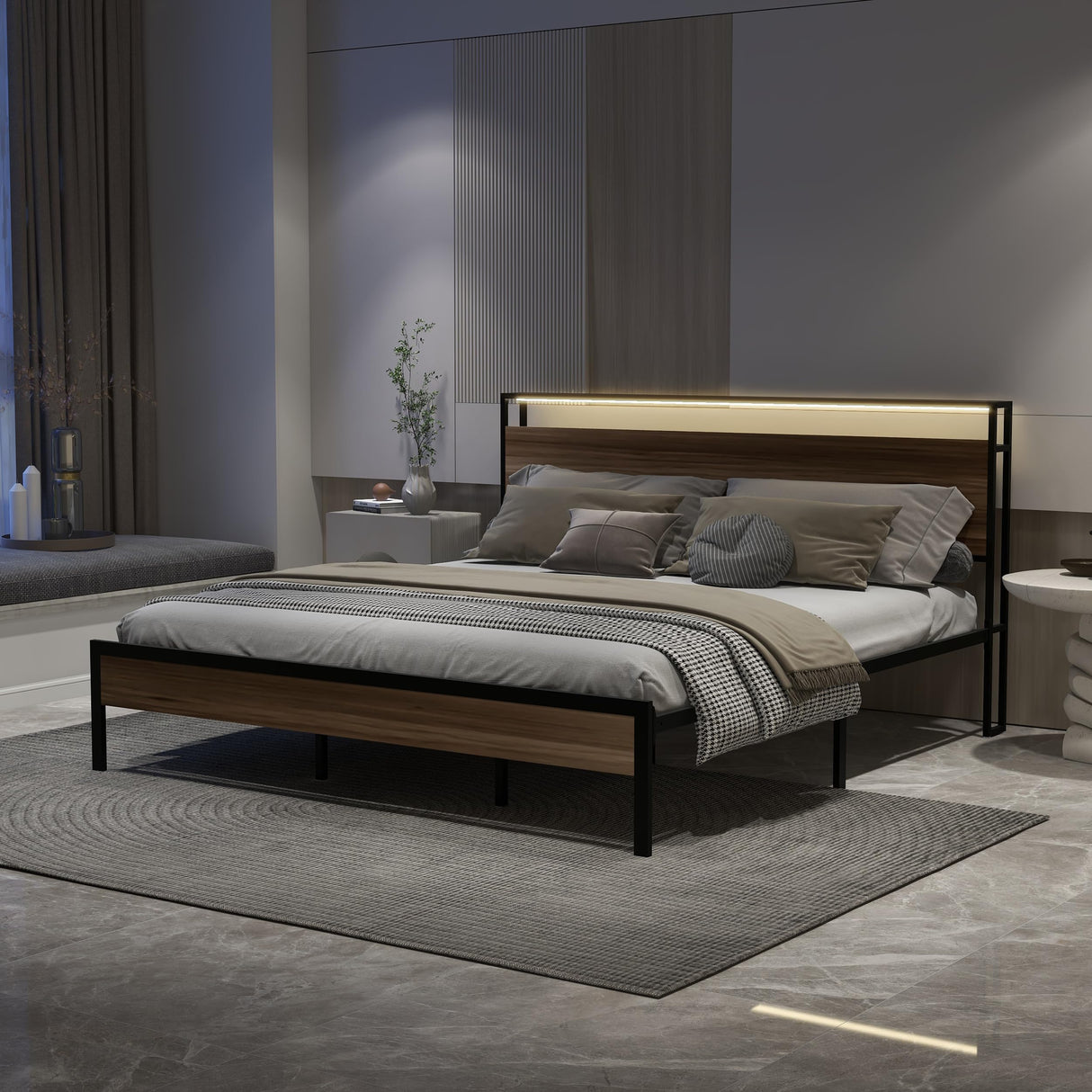 Tuconia Grey King Bed Frame with LED Lights, Storage Headboard & Built-In Charging Station Tuconia
