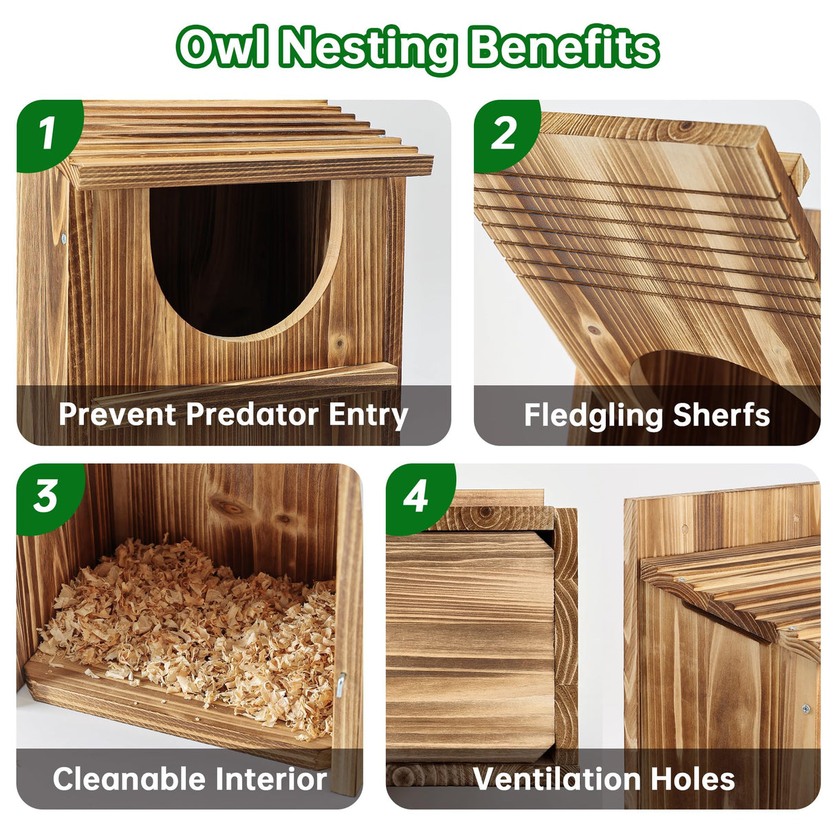UUMENHA Owl House,Carbonized Cedar Large Owl Bird Box with Shavings,Owl Boxes for Outside 14.5×9×7.5 inches,Owl Nesting Box for Wildlife Lovers,Easy Assembly Required UUMENHA