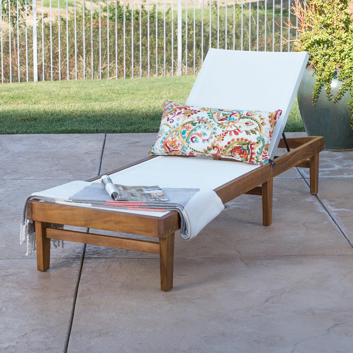Christopher Knight Home Summerland Outdoor Mesh Chaise Lounge with Acacia Wood Frame, Teak Finish / White Mesh Christopher Knight Home