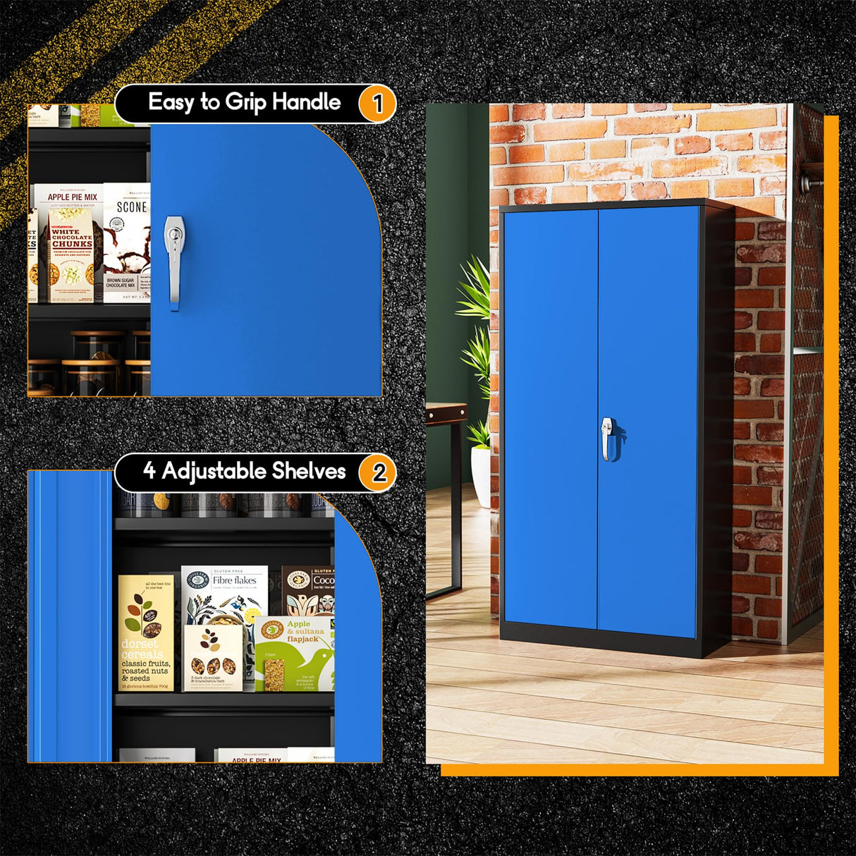 Greenvelly Metal Garage Storage Cabinet with Doors and Shelves, 72" Steel Lockable File Cabinet,Office Storage Cabinet Tall Metal Cabinet for Garage Office School Gym Warehouse(Black Blue) Greenvelly