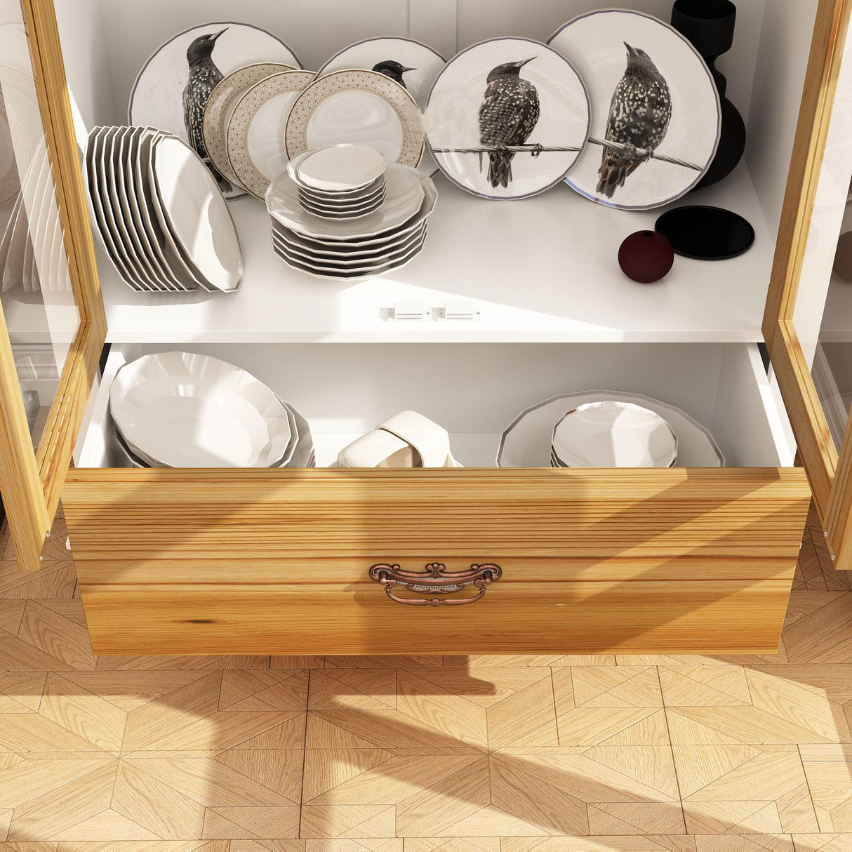 Elegant ECACAD 70.9" Bookcase Storage Cabinet with Carved Doors & 3-Tier Shelves in Brown & White ECACAD