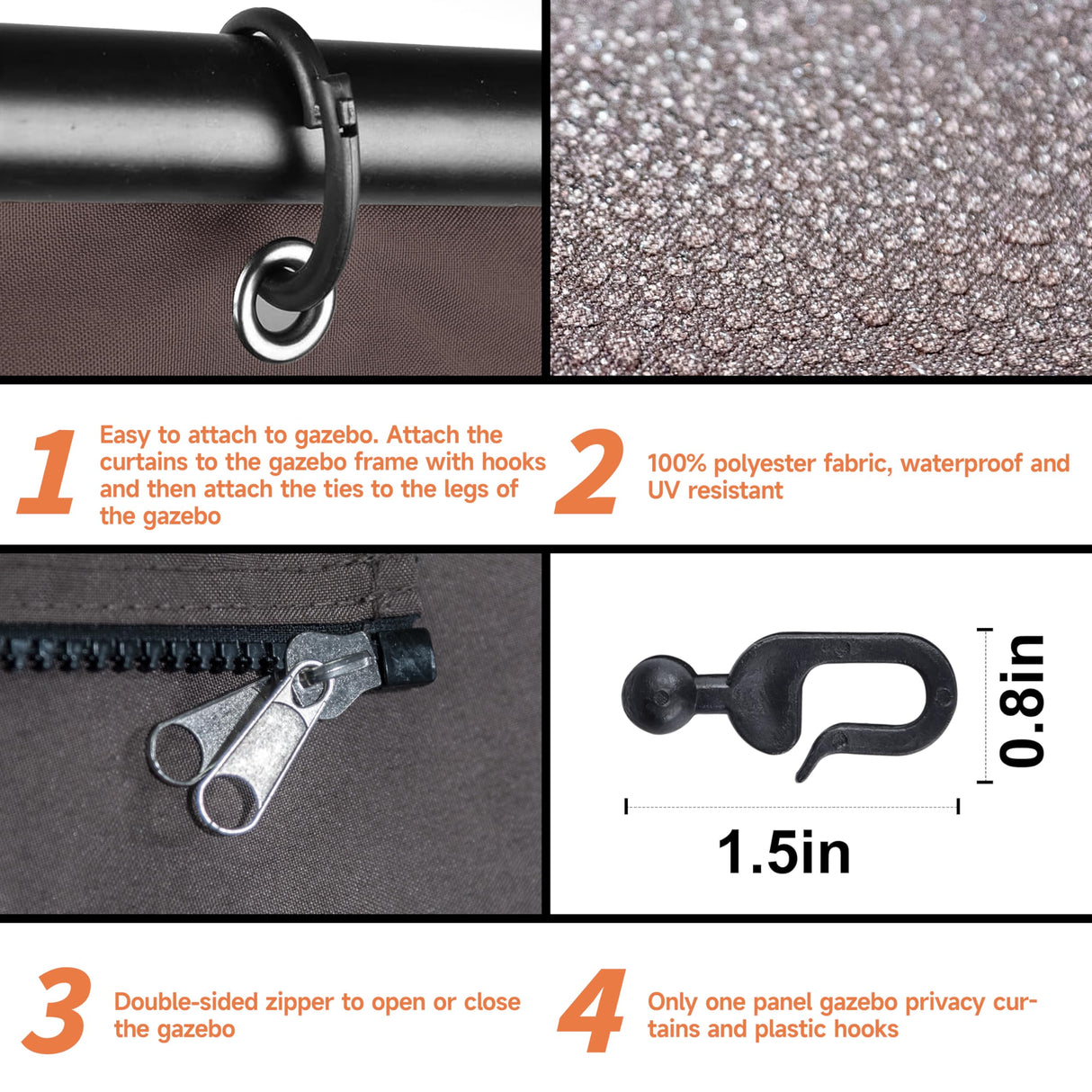 Gazebo Curtains Outdoor Waterproof, Curtain Replacement Universal 4-Panel Sidewalls, Universal Replacement Privacy Curtain Sidewalls with Zipper for Garden Patio Yard (Only Curtains) (10x12ft, Brown) Generic