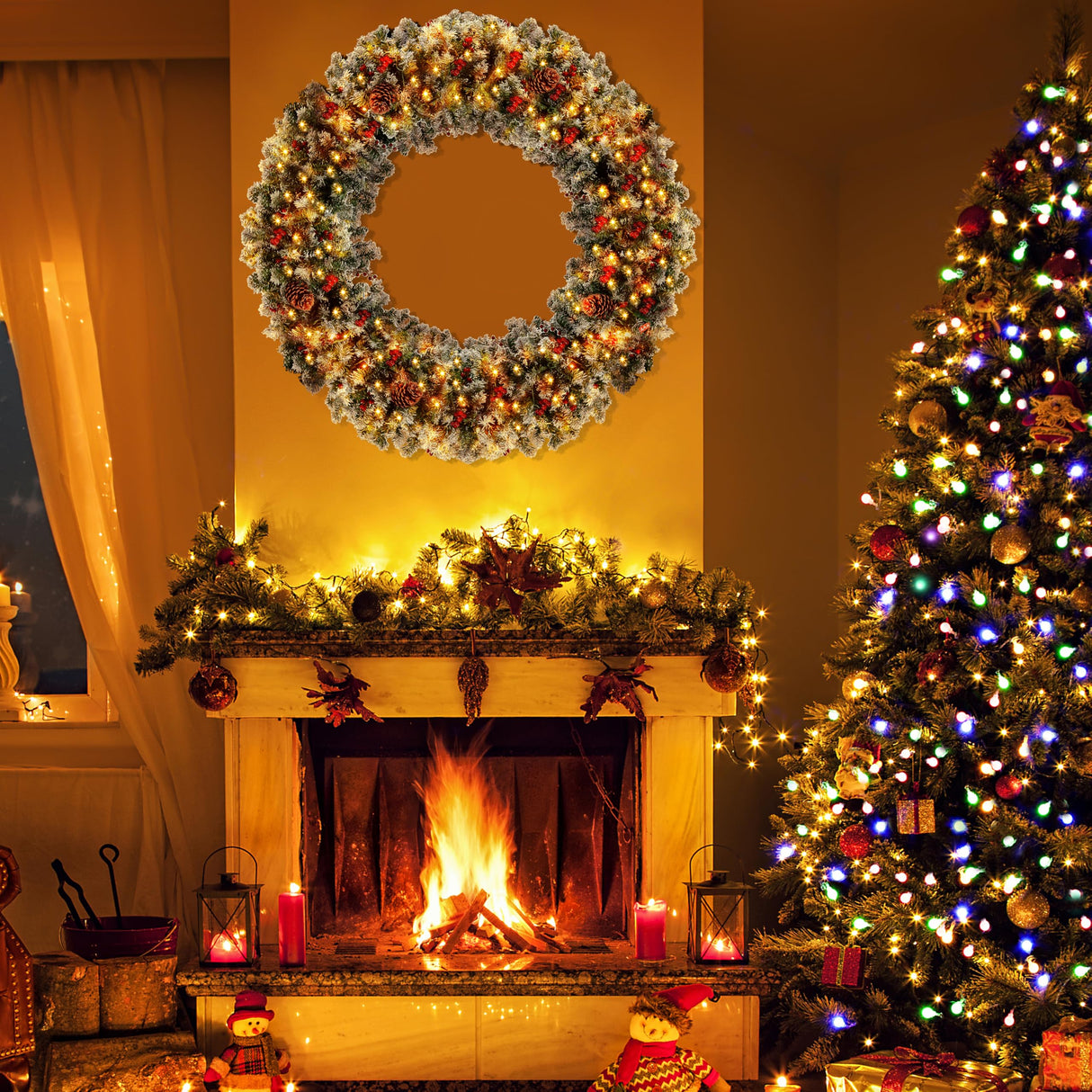 CACFTII 48in Pre-Lit Artificial Christmas Wreath, Snowflakes Christmas Wreaths with Warm White LED Lights, Pine Cones and Berries for Door, Mantel, Indoor Decorations, Xmas Holiday Decor, Green/White CACFTII