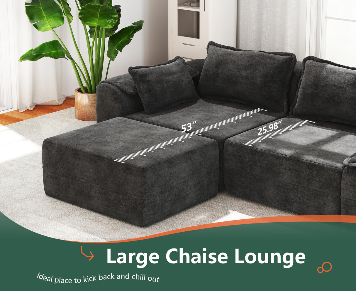 Hobestluk 152" Cloud Modular Sectional Couch 4-Seater Sofa with Ottomans U Shaped Couch Deep Seat Sofa with Removable Cover for Living Room (Dark Grey, 4-Seater Sofa with Two Ottomans) Hobestluk