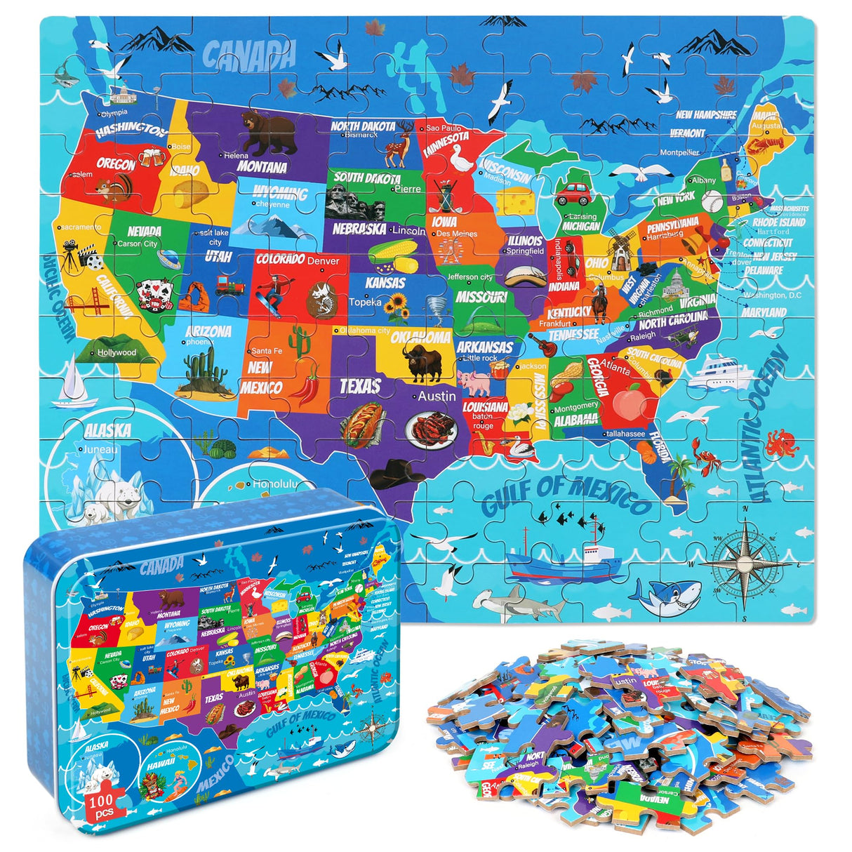 LELEMON United States Map Puzzles for Kids USA Map Jigsaw Puzzles in a Metal Box America Map Learning Educational Toys Gifts for Boys Girls LELEMON