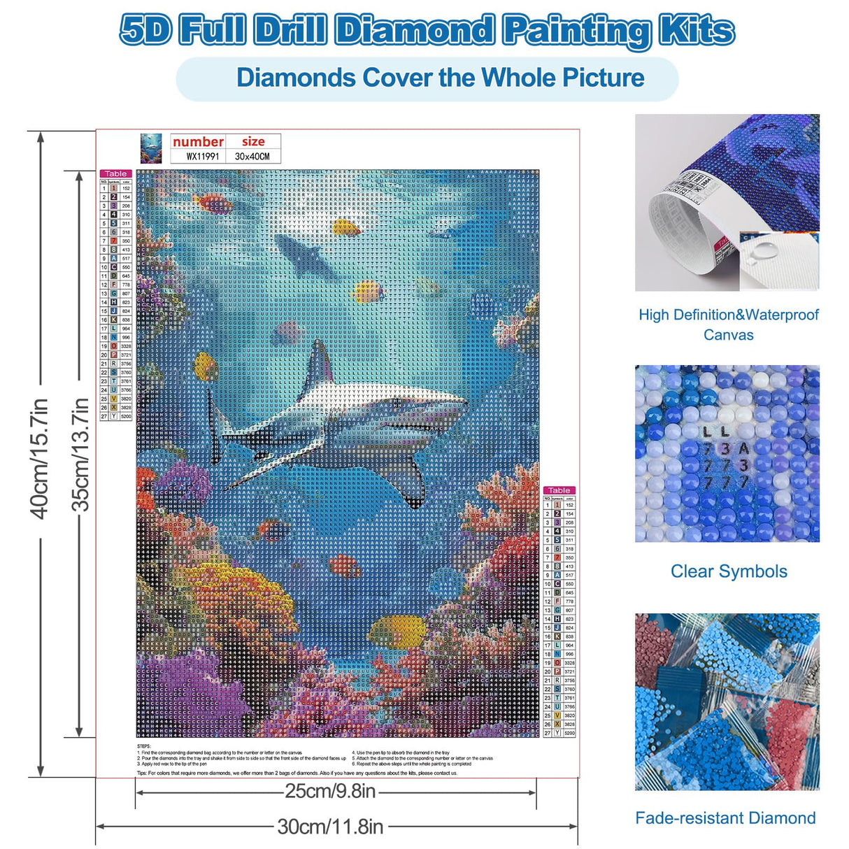 CEOVR Shark Diamond Art Kits for Adults, Ocean Life Diamond Painting Dots DIY Gem Art, Adult Crafts Kits Wall Decor for Home Office 12x16in CEOVR