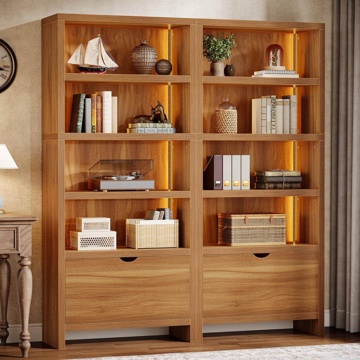 Tribesigns 70.9" Tall Bookshelf with File Drawer, Farmhouse 5-Tier Bookcase with LED Lights, Wooden Open Display Shelf Organizer for Living Room & Bedroom & Home Office (Walnut) Tribesigns