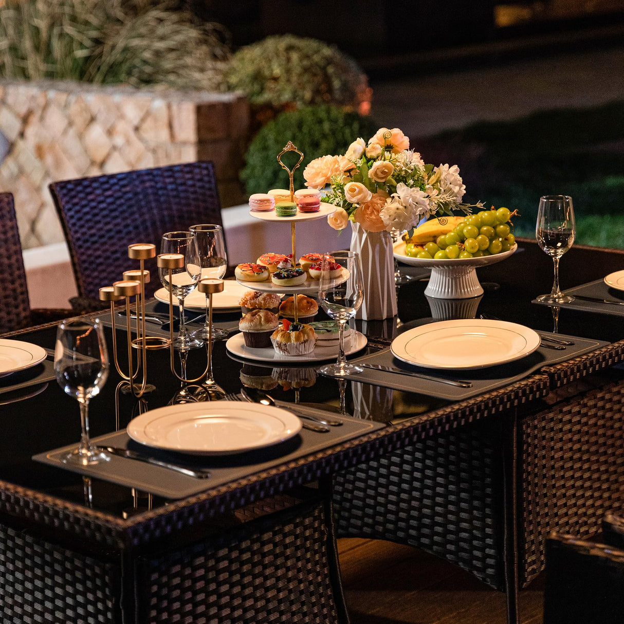 Kurapika 10-Piece Patio Furniture Outdoor Dining Set, Rattan Wicker Patio Dining Table and Chairs Set, Square Tempered Glass Tabletop with Umbrella Hole and 8 Chair Set, Blue Kurapika