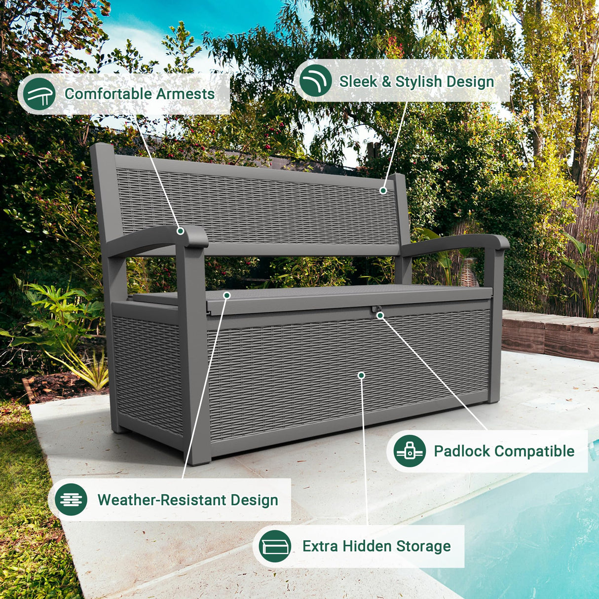 70 Gallon Outdoor Storage Bench Deck Box Lockable for Patio Furniture, Outdoor Porch Bench with Storage Waterproof for Cushions, Garden Tools and Pool Supplies, Grey LHBcraft