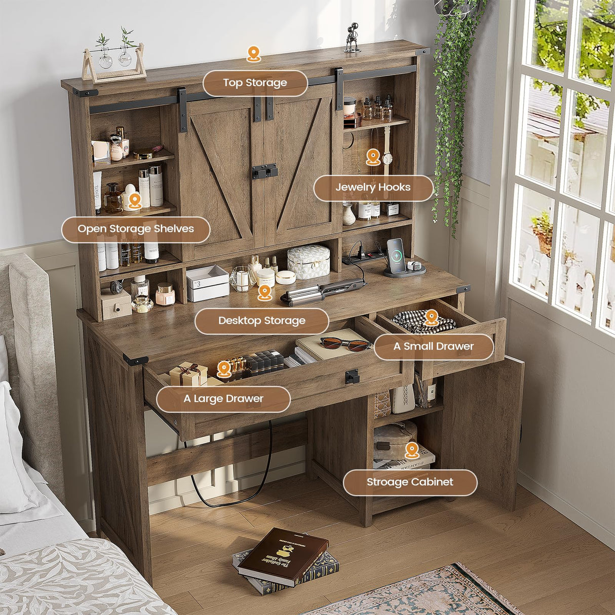 AOGLLATI Makeup Vanity with Lights & Barn Doors, Vanity Desk with Mirror and Lights & Charging Station, Farmhouse Brown Vanity Table with Jewelry Hooks and Open Storage Shelves AOGLLATI