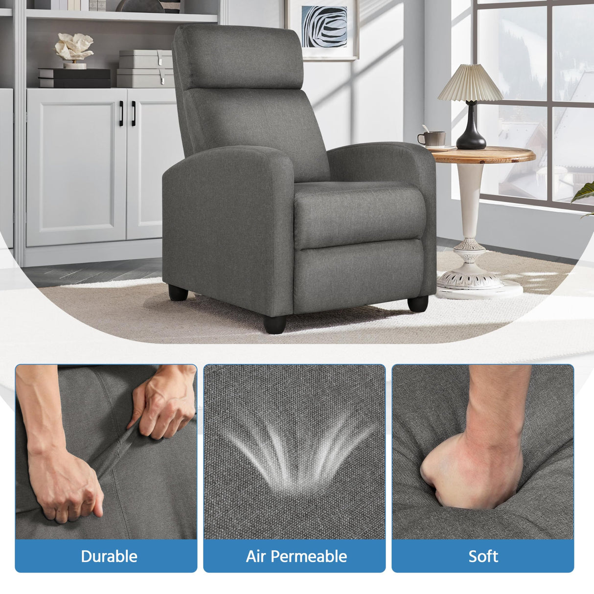 Yaheetech Fabric Recliner Chair Sofa Ergonomic Adjustable Single Sofa with Thicker Seat Cushion Modern Home Theater Seating for Living Room Matte Grey Yaheetech