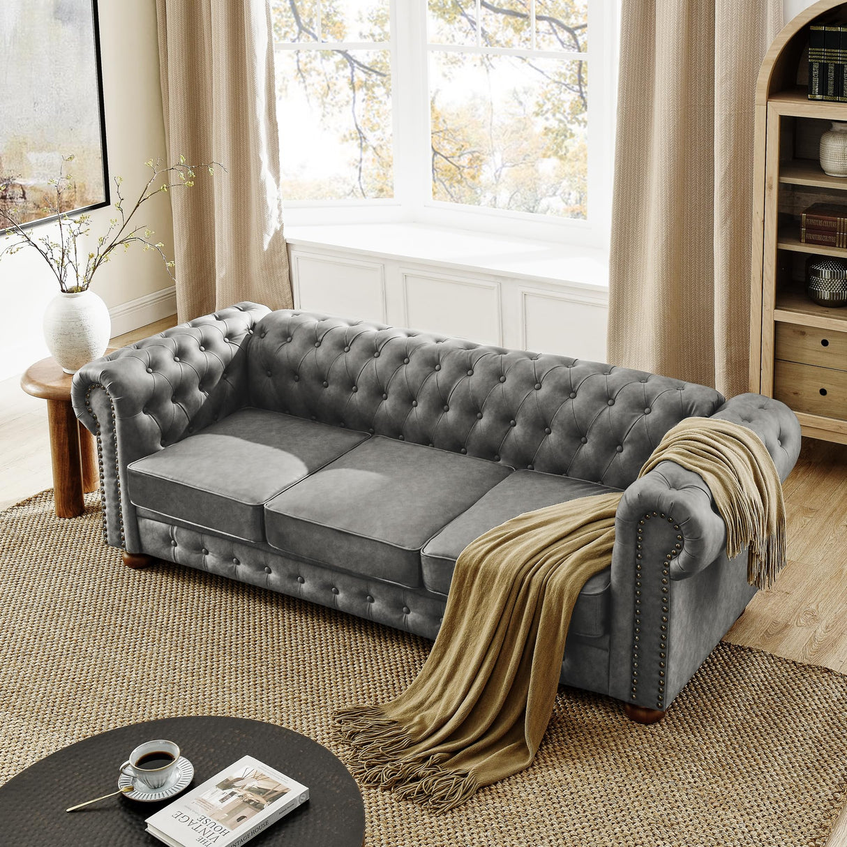 KEIKI 89" Chesterfield PU Tufted Button Sofa with Scrolled Arms, Classic Mid-Century 3-Seater Upholstered Couch with Nailhead Decoration, Easy Assembly, for Living Room, Bedroom, Office, Dark Gray KEIKI