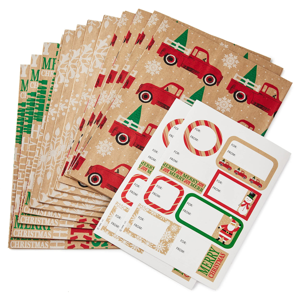 Hallmark Christmas Flat Wrapping Paper Sheets - Recyclable Kraft Gift Wrap Paper (12 Folded Sheets with Sticker Seals) Rustic Red Trucks, White Snowflakes, Merry Christmas Lettering Hallmark
