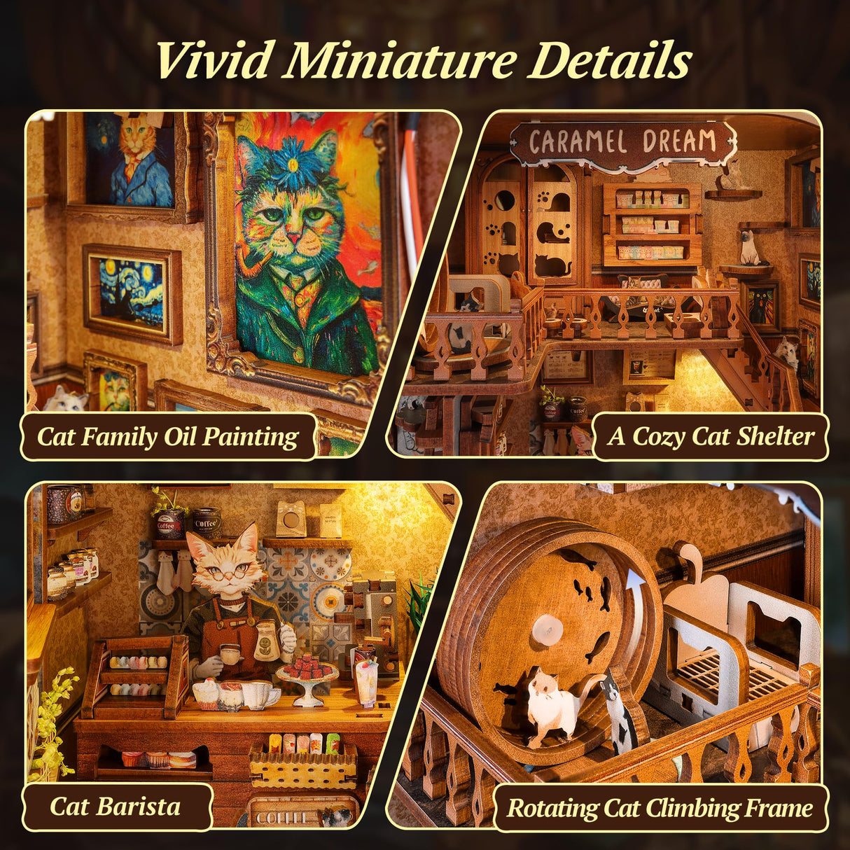 FUNPOLA 3D Wood Puzzle Book Nook Kit, Caramel Dream Cat Café Bookshelf Insert with LED Lights, DIY Miniature Bookend Décor for Display, Cozy Craft Gift for Cat Lovers and Teens (Caramel Dream) FUNPOLA