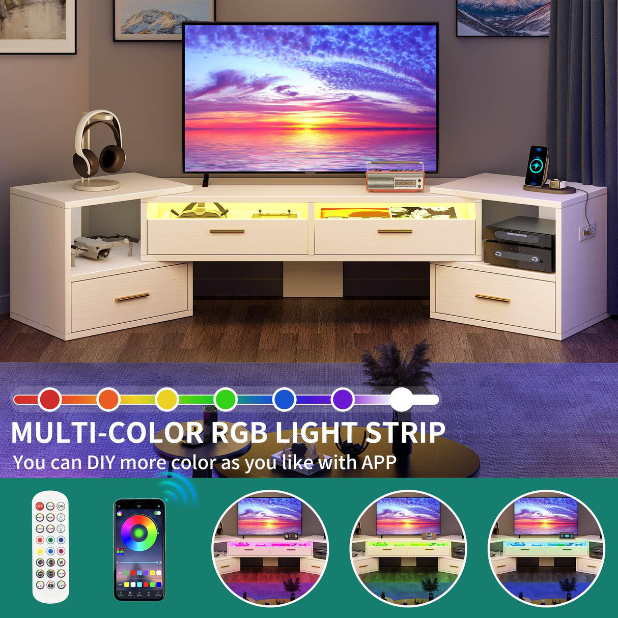YITAHOME TV Stands for Living Room, Deformable TV Stand for 75 inch TV, Modern TV Stand w/Power Outlets, LED Entertainment Center with Storage, TV Console Cabinet, White YITAHOME