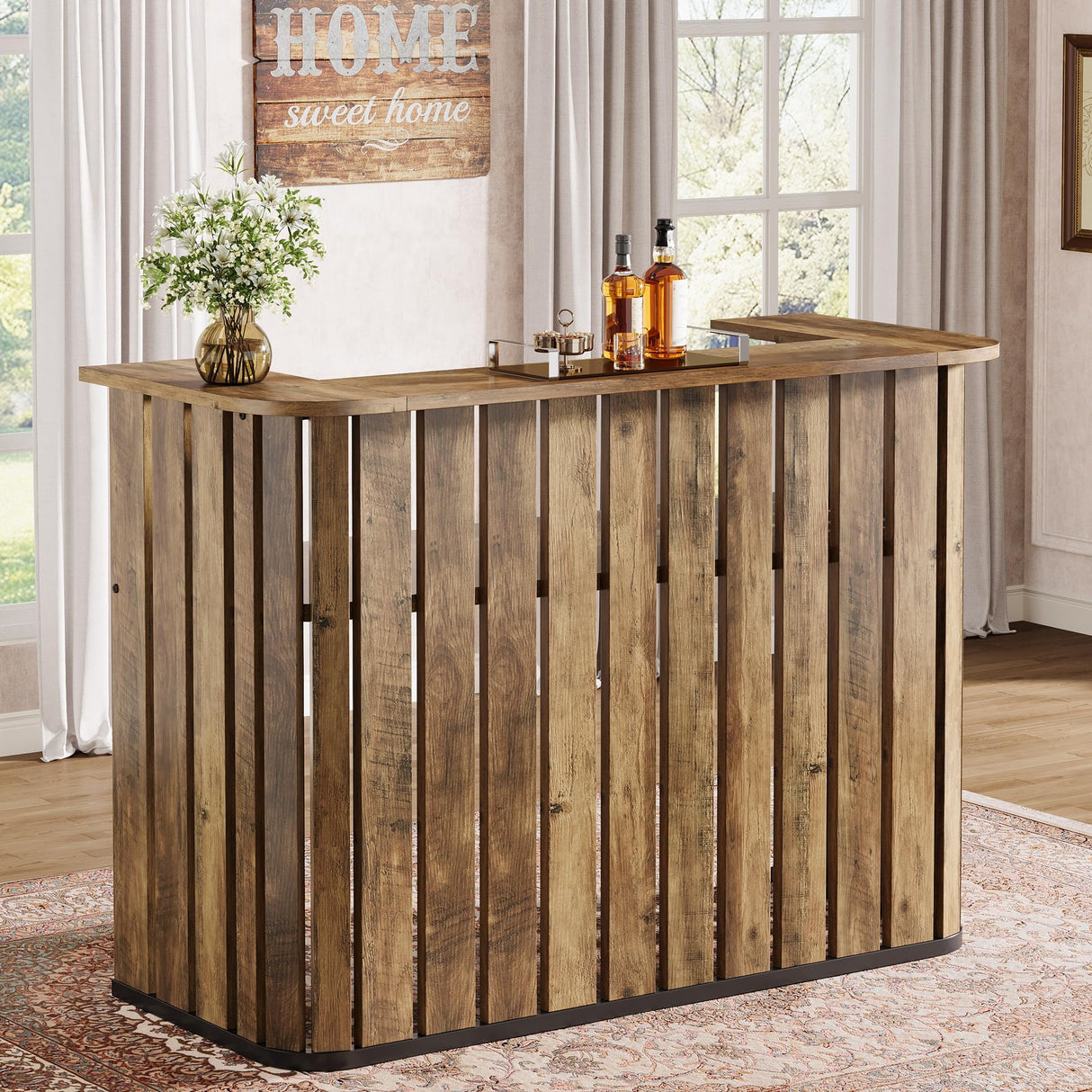 Tribesigns 63-Inch Home Bar Unit, Farmhouse Liquor Bar Table with Storage Shelves, 2-Tier Wine Bar Cabinet Mini Bar Table for Home Pub, Bistro, Rustic Brown Tribesigns