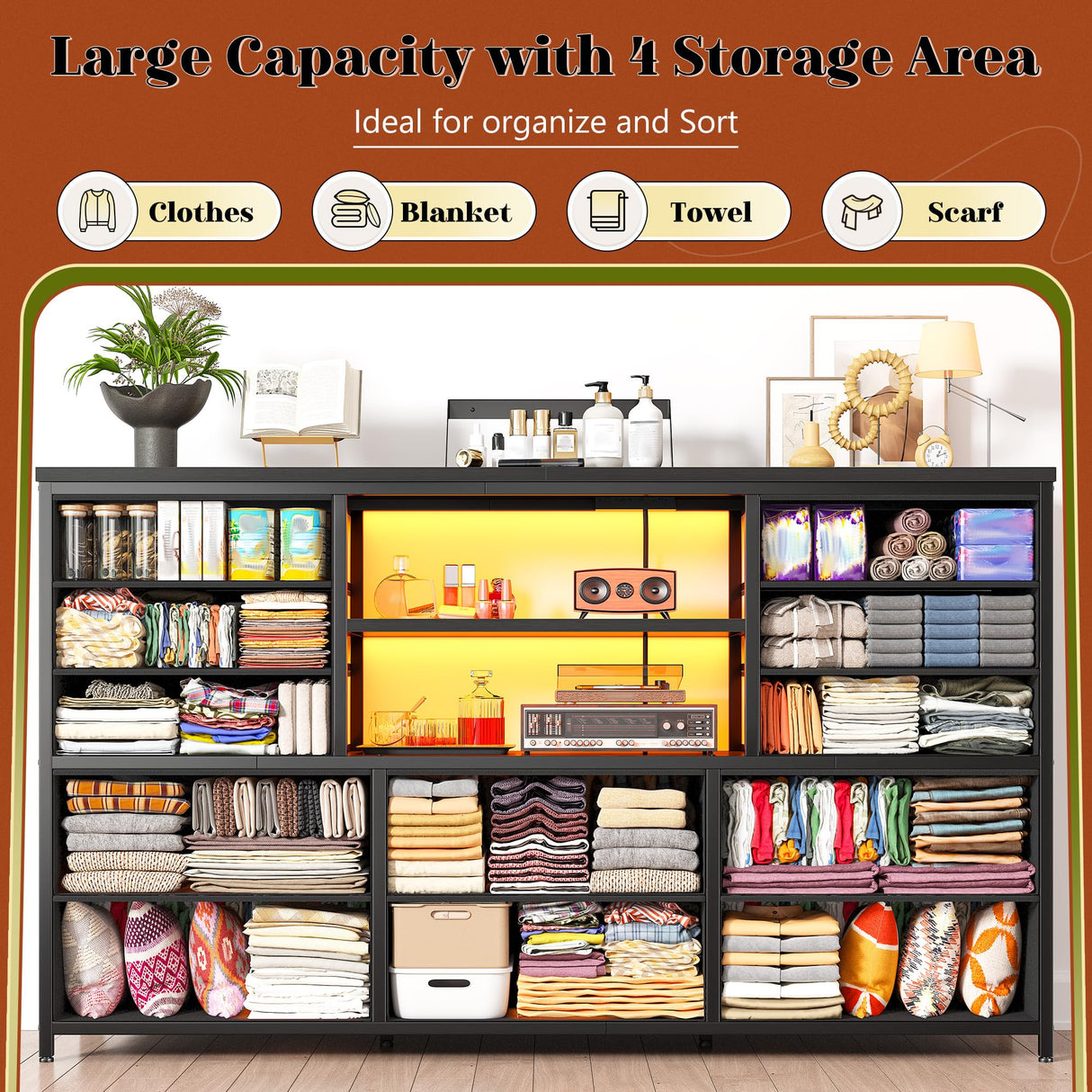 EnHomee Black Dresser with LED Lights & Power Outlets, 12 Drawers Dresser TV Stand for 60''TV for Bedroom Dresser Fabric Dressers & Chest of Drawers, Sturdy Long Dresser for Closet Living Room,Hallway EnHomee