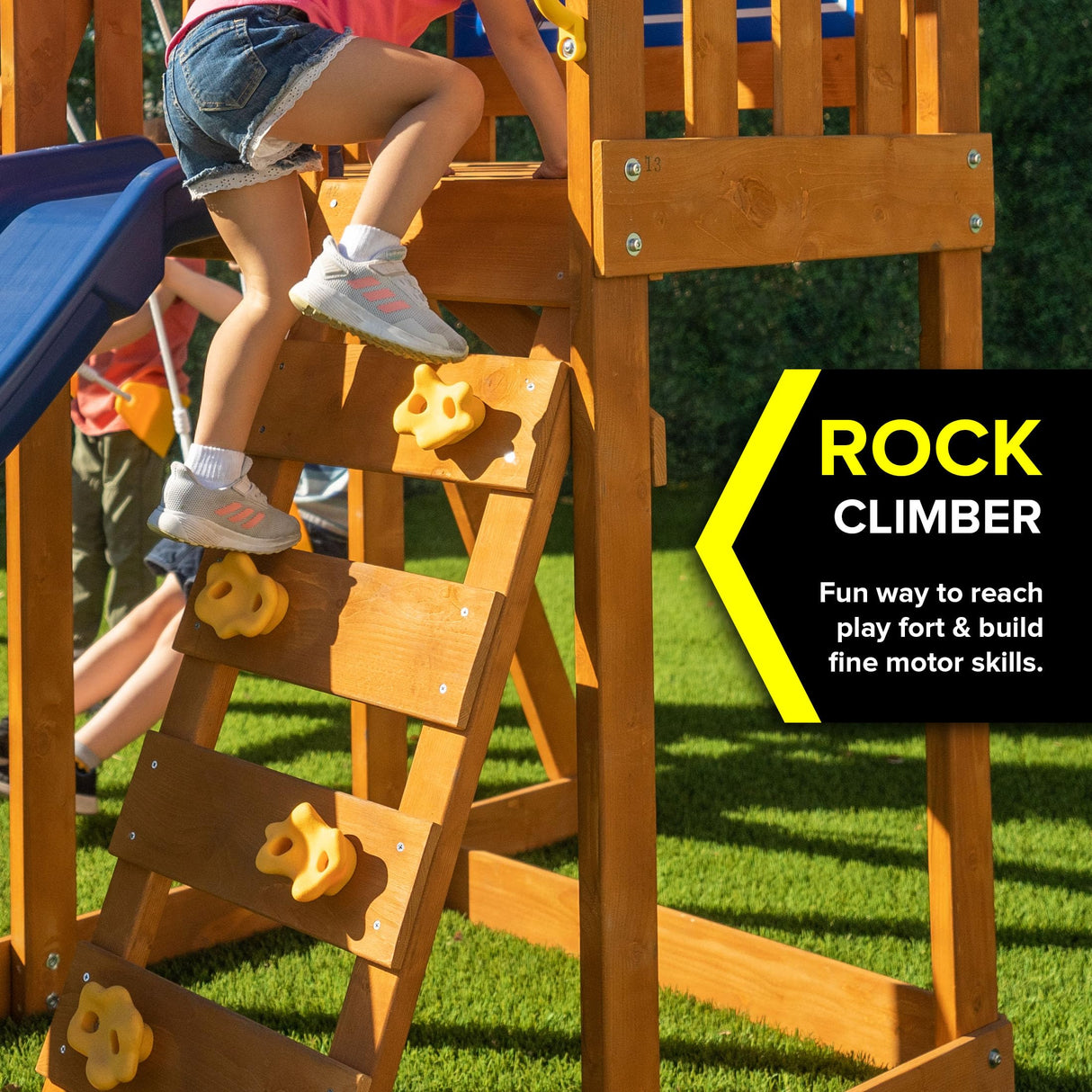 Sportspower North Peak Wooden Swing Set with Heavy Duty A-Frame & 6ft Double Wall Slide and Bonus Anchor Kit, Yellow/Blue Sportspower