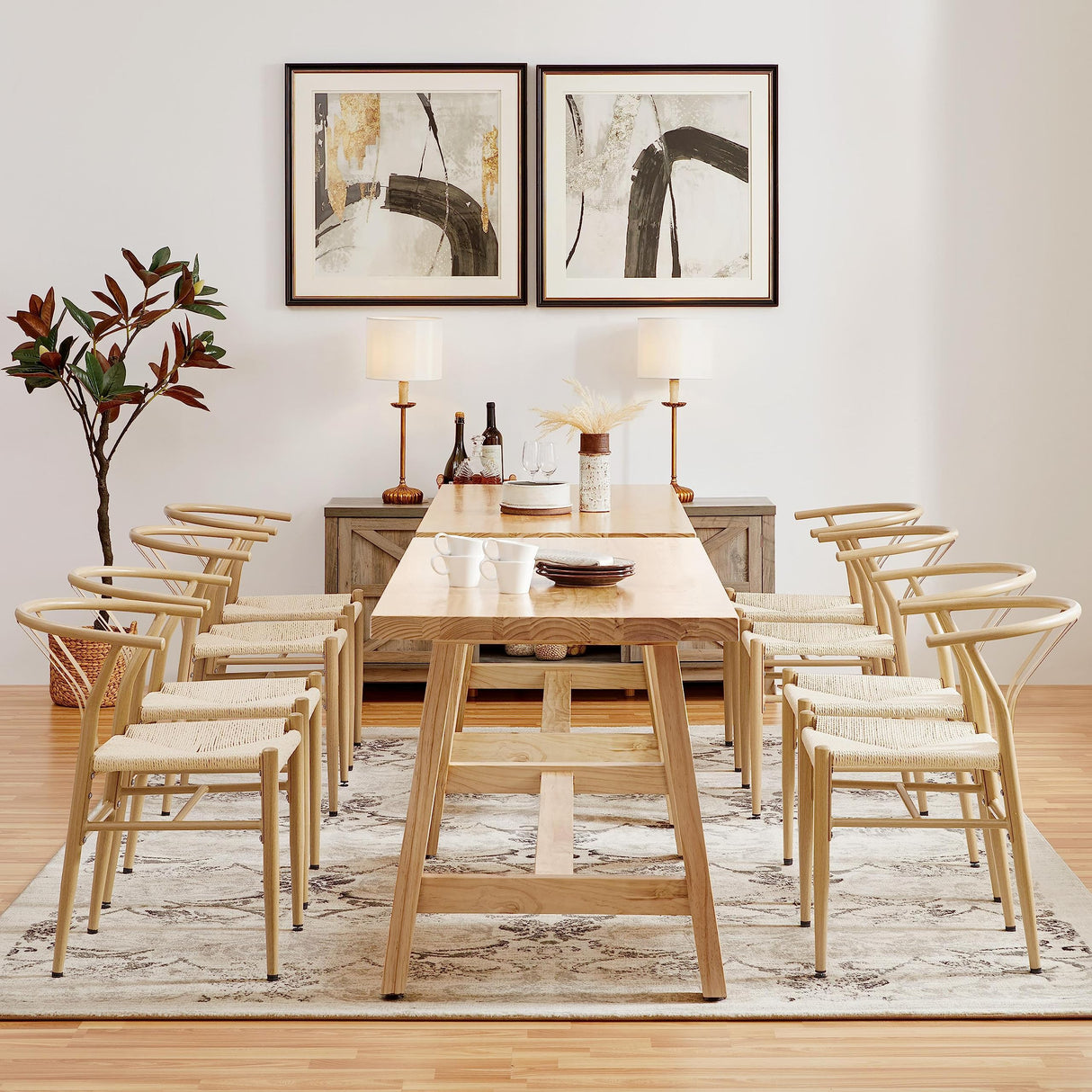 Yaheetech Weave Dining Chair Weave Dining Chair Rattan Chair Metal Dining Chair Armchairs Hemp Seat Chair Accent Chair for Kitchen, Dining, Living Room Set of 2, Wood Color Yaheetech