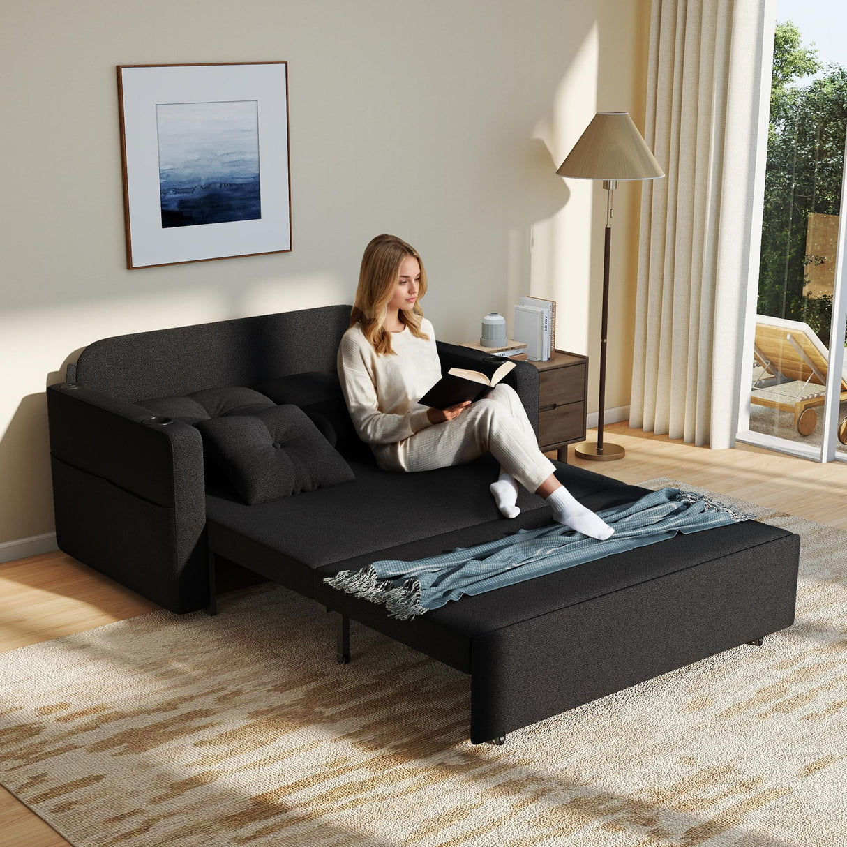 Krcix 3 in 1 Sofa Bed, 56 Inch Convertible Pull Out Couch, Loveseat Sleeper Sofa with Cup Holders, USB, Couch Bed for Living Room, Bedroom, Apartment, Black Krcix