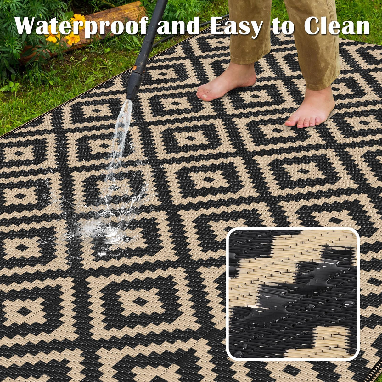 Mattitude Waterproof Outdoor Rug 5x8 Ft Outdoor Plastic Straw Rug Reversible Patio Rug Large Outdoor Carpet Area Rug for Patio Backyard Picnic Beach Camping RV Black & Beige Mattitude